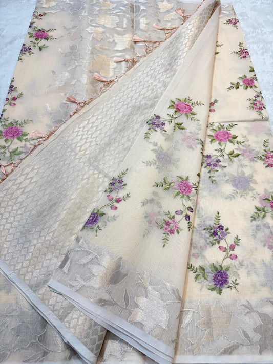 Peach  Cotton Kota Designer Embroidery Premium Banarasi Saree