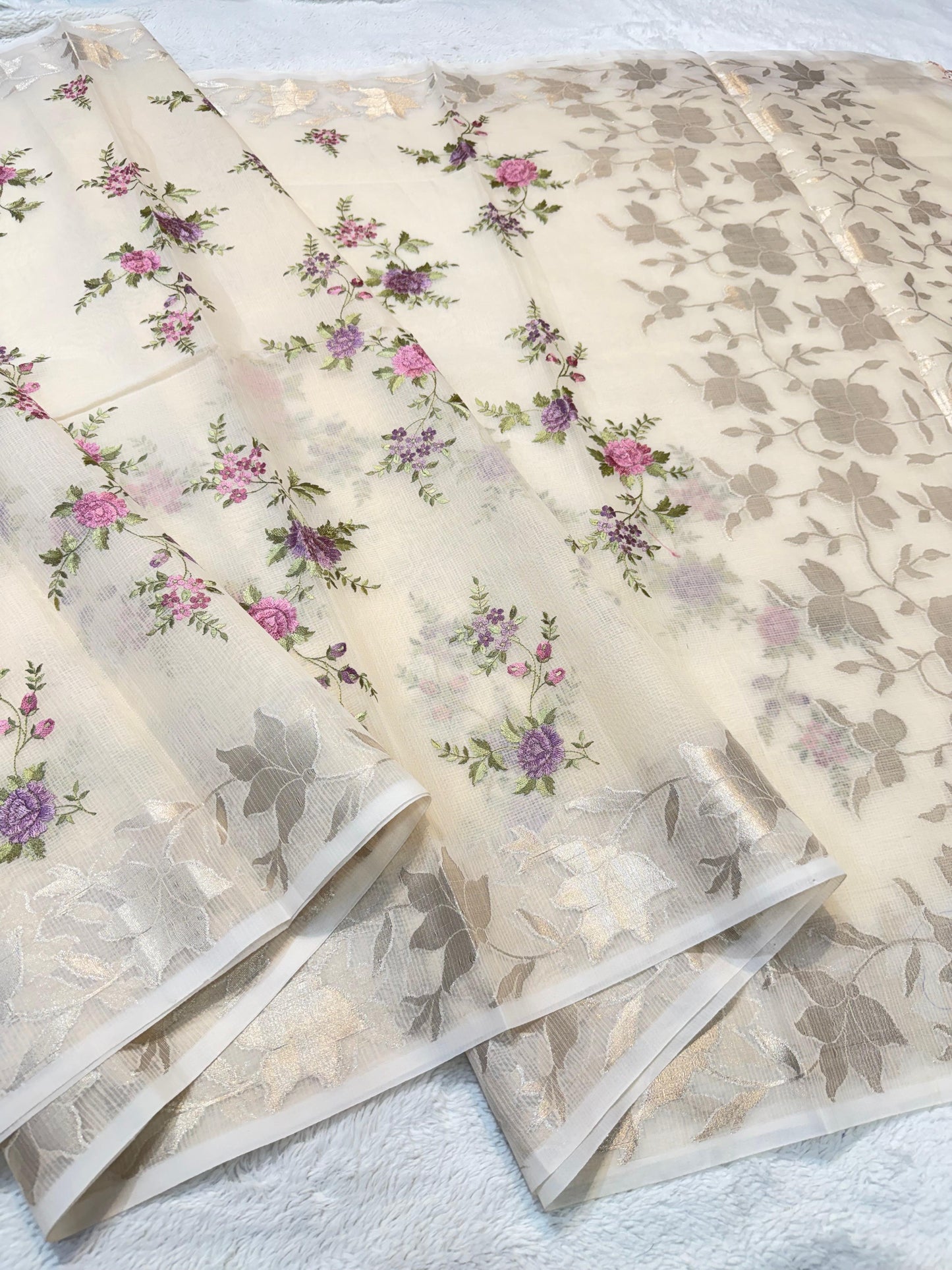 Peach  Cotton Kota Designer Embroidery Premium Banarasi Saree