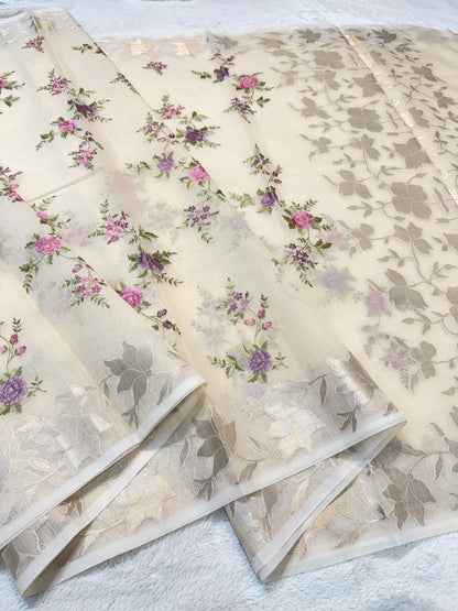 Peach  Cotton Kota Designer Embroidery Premium Banarasi Saree