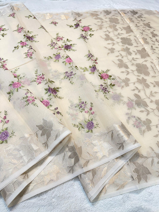Peach  Cotton Kota Designer Embroidery Premium Banarasi Saree