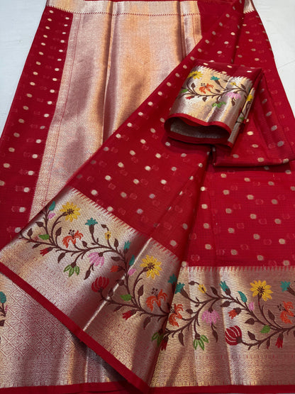 Red Cotton Kota Paithani Border Premium Banarasi Saree