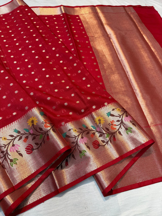 Red Cotton Kota Paithani Border Premium Banarasi Saree