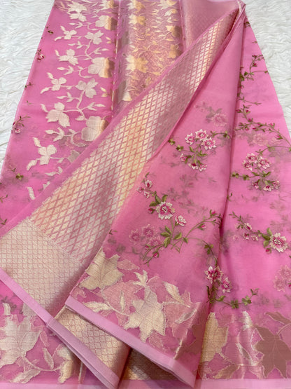 Pink Kora Organza Designer Embroidery Premium Banarasi Saree