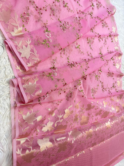 Pink Kora Organza Designer Embroidery Premium Banarasi Saree