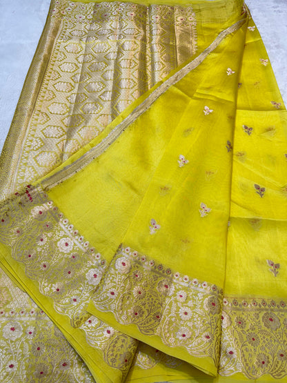 Gold Shade Pure Green Mango Premium Banarasi Silk Saree