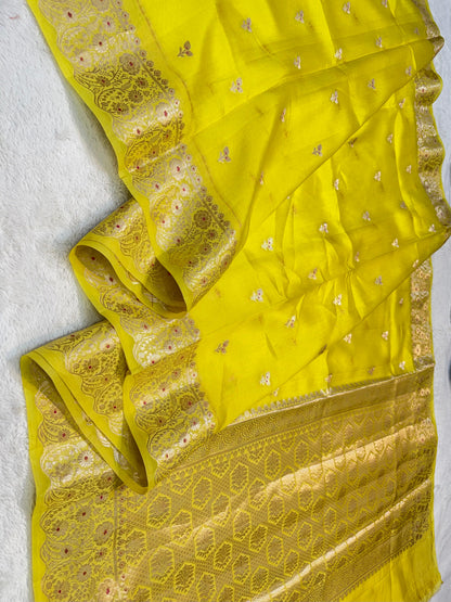 Gold Shade Pure Green Mango Premium Banarasi Silk Saree