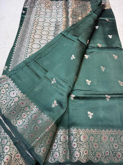 Bottle Green Shade Pure Green Mango Premium Banarasi Silk Saree