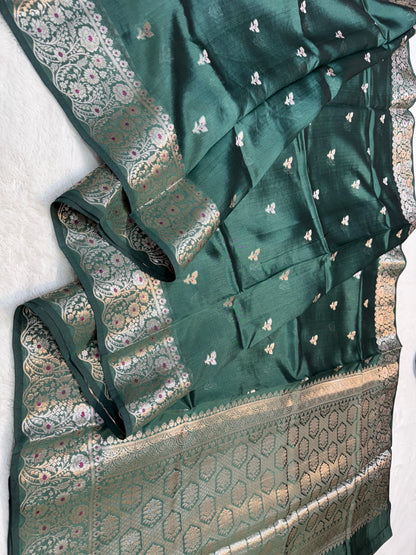 Bottle Green Shade Pure Green Mango Premium Banarasi Silk Saree
