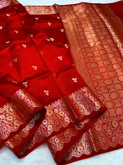 Red Shade Pure Green Mango Premium Banarasi Silk Saree