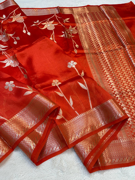 Orange Shade Pure Viscose Premium Banarasi Silk Saree
