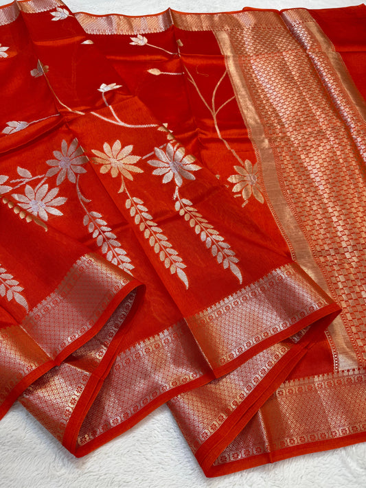 Orange Shade Pure Viscose Premium Banarasi Silk Saree