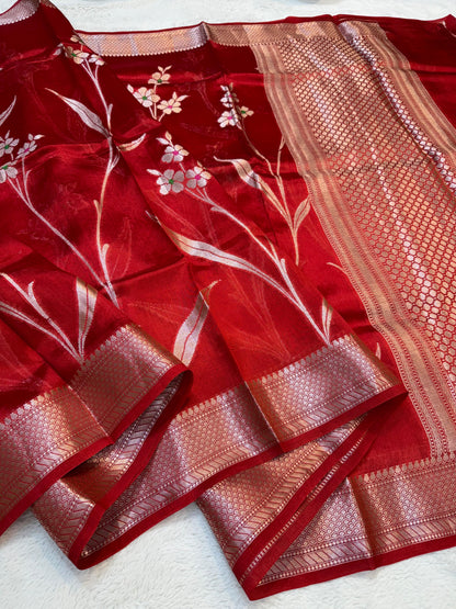 Red Shade Pure Viscose Premium Banarasi Silk Saree