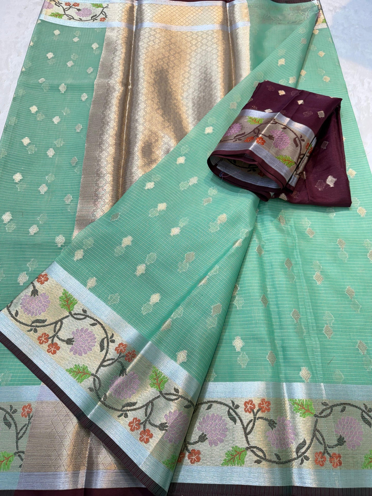 Pastel Green Cotton Kota Paithani Border Premium Banarasi Saree