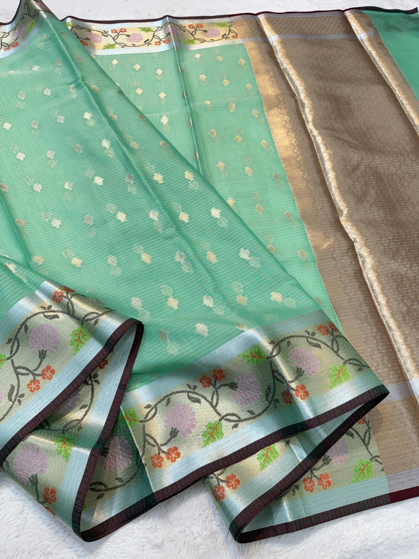 Pastel Green Cotton Kota Paithani Border Premium Banarasi Saree