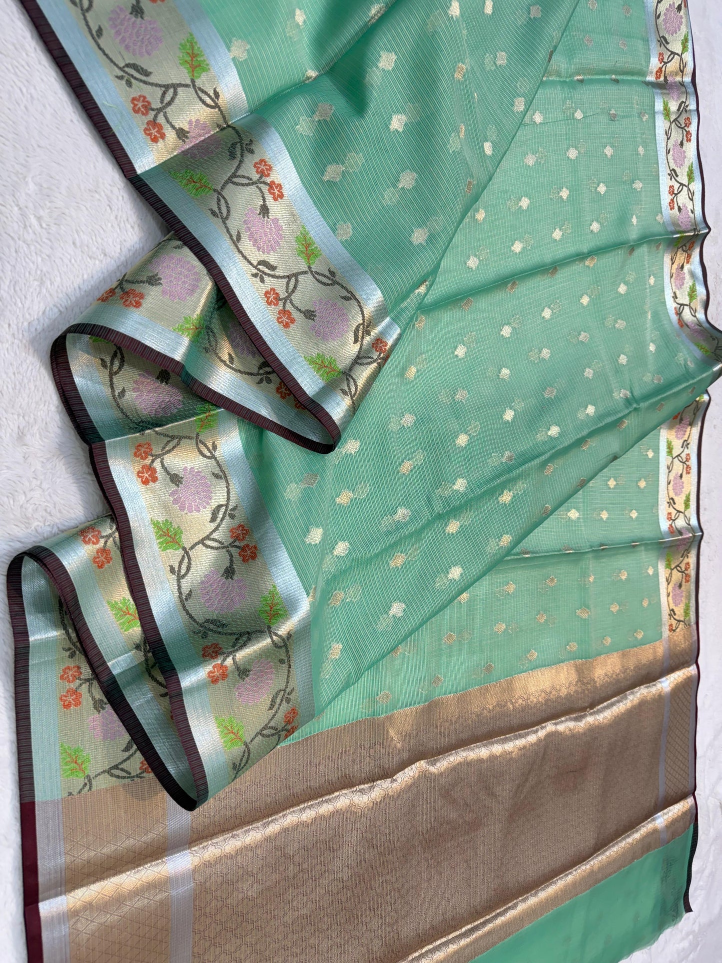 Pastel Green Cotton Kota Paithani Border Premium Banarasi Saree