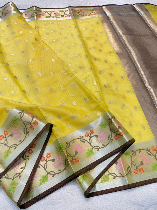 Gold Cotton Kota Paithani Border Premium Banarasi Saree