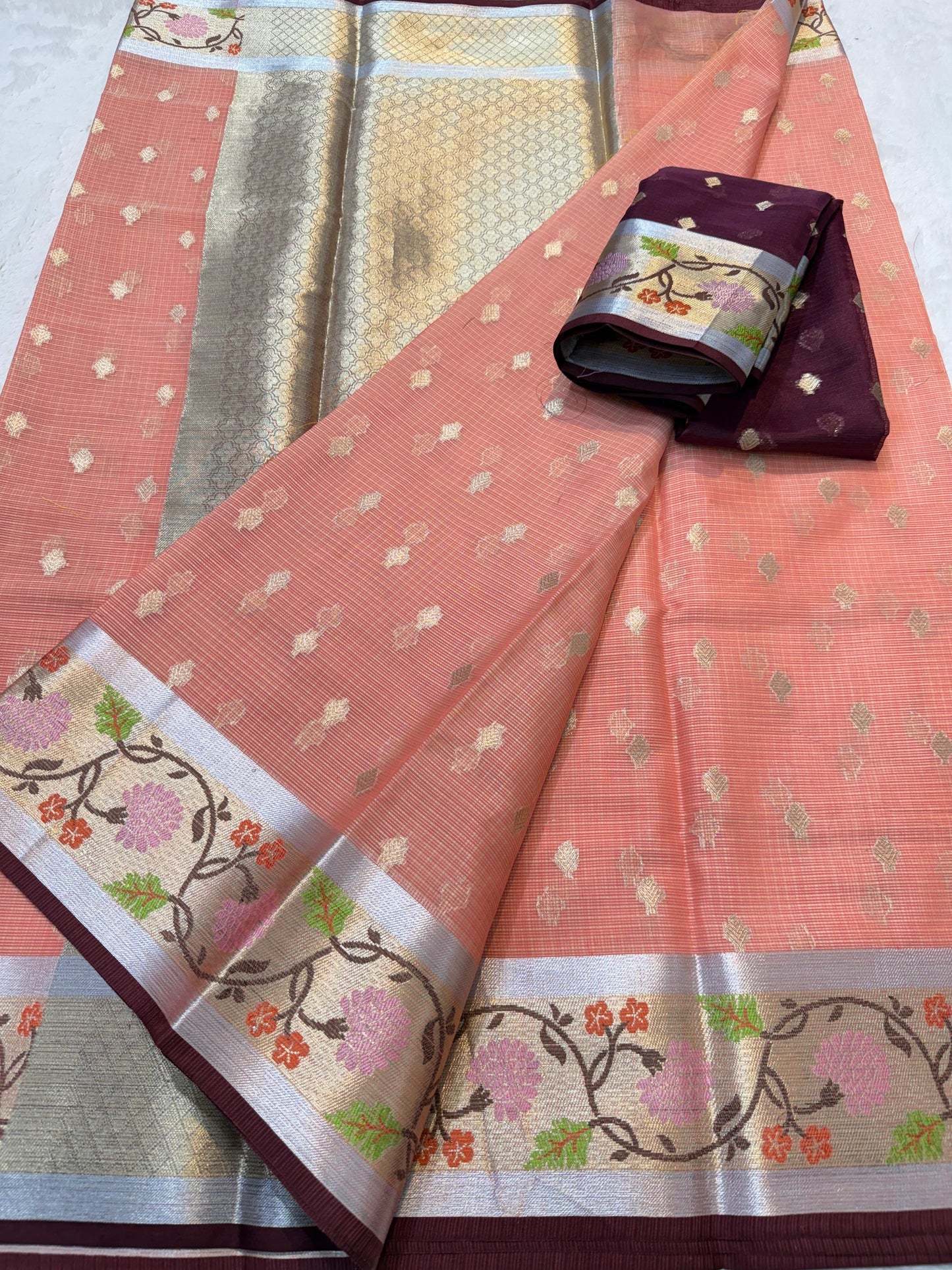 Peach Cotton Kota Paithani Border Premium Banarasi Saree