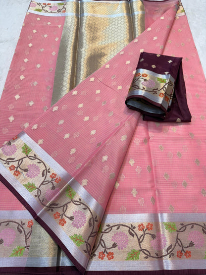 Pink Cotton Kota Paithani Border Premium Banarasi Saree