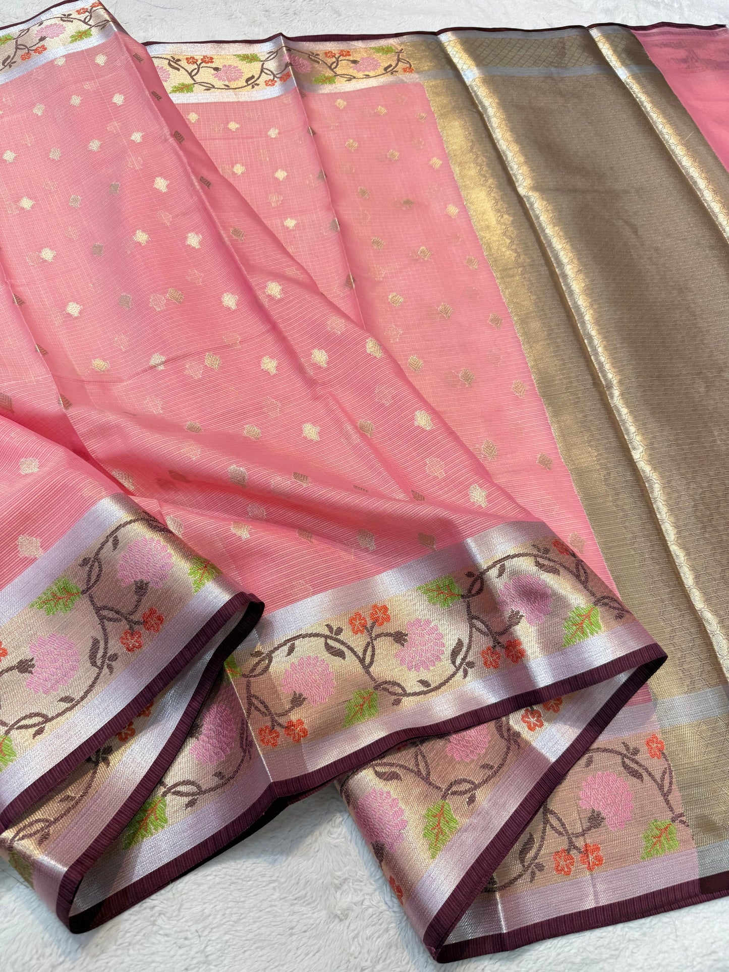 Pink Cotton Kota Paithani Border Premium Banarasi Saree