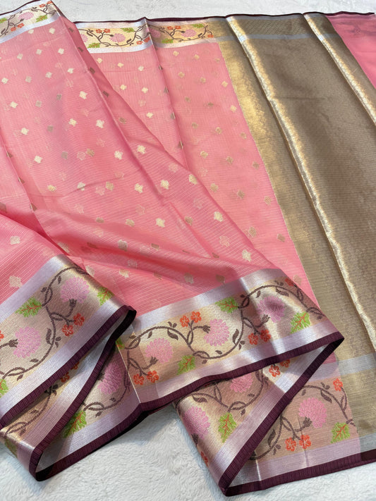 Pink Cotton Kota Paithani Border Premium Banarasi Saree