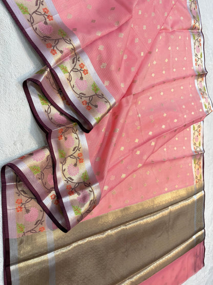 Pink Cotton Kota Paithani Border Premium Banarasi Saree
