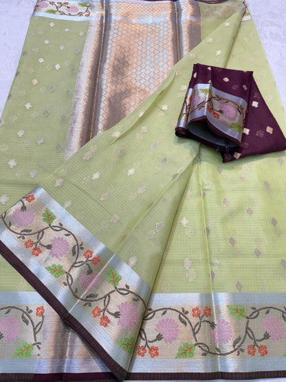 Pista Green Cotton Kota Paithani Border Premium Banarasi Saree