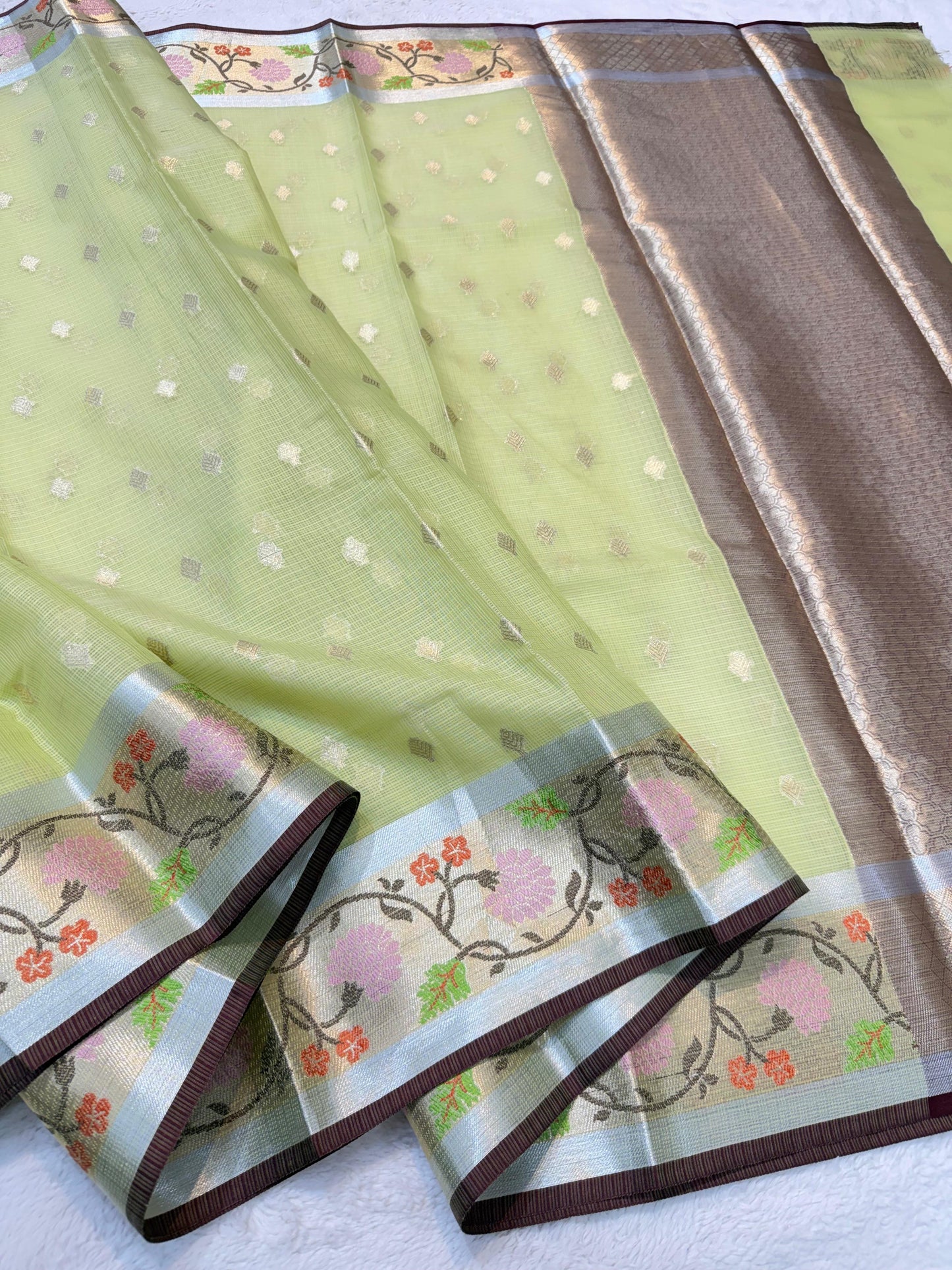 Pista Green Cotton Kota Paithani Border Premium Banarasi Saree