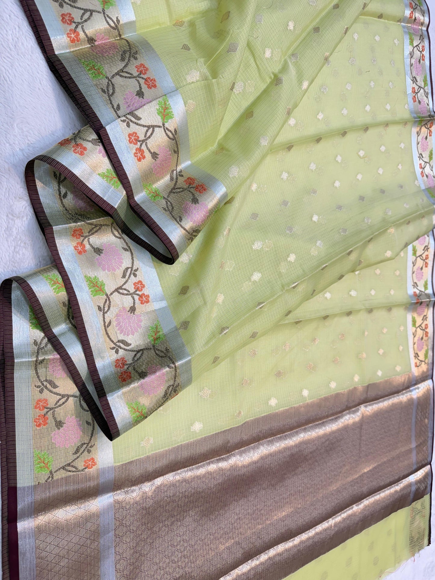 Pista Green Cotton Kota Paithani Border Premium Banarasi Saree