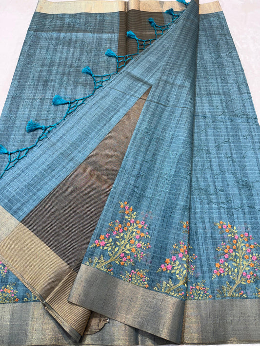 Firozy Blue Shade Khadi Silk Designer Embroidery Premium Banarasi