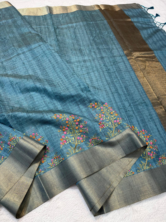 Firozy Blue Shade Khadi Silk Designer Embroidery Premium Banarasi