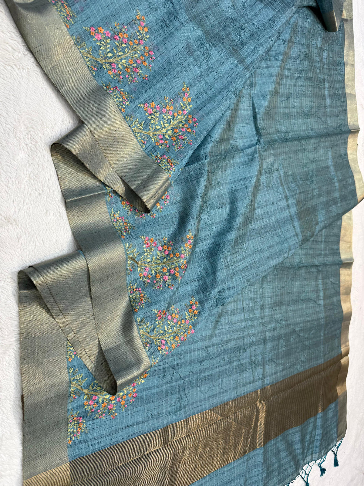 Firozy Blue Shade Khadi Silk Designer Embroidery Premium Banarasi