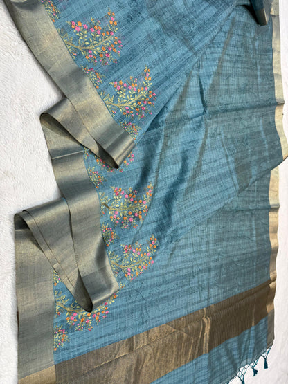 Firozy Blue Shade Khadi Silk Designer Embroidery Premium Banarasi