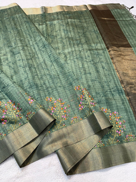 Green Shade Khadi Silk Designer Embroidery Premium Banarasi