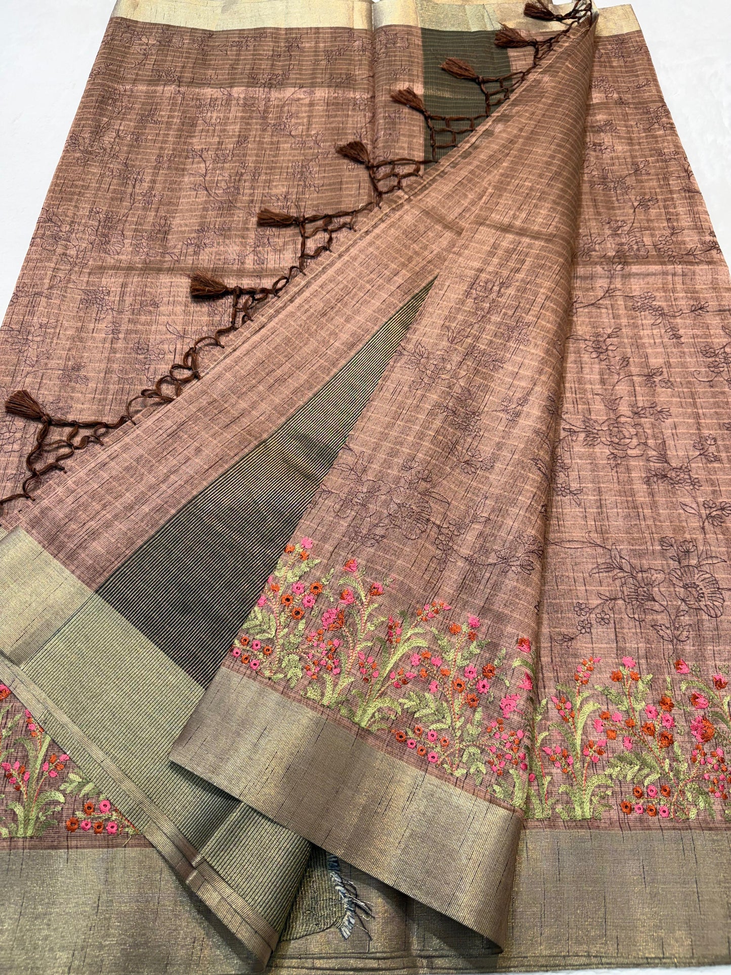 Peach Green Shade Khadi Silk Designer Embroidery Premium Banarasi