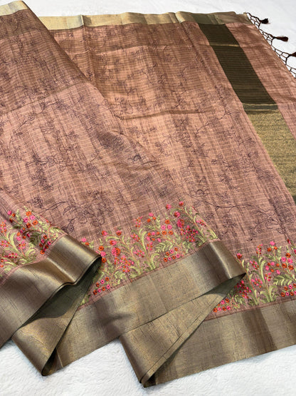 Peach Green Shade Khadi Silk Designer Embroidery Premium Banarasi