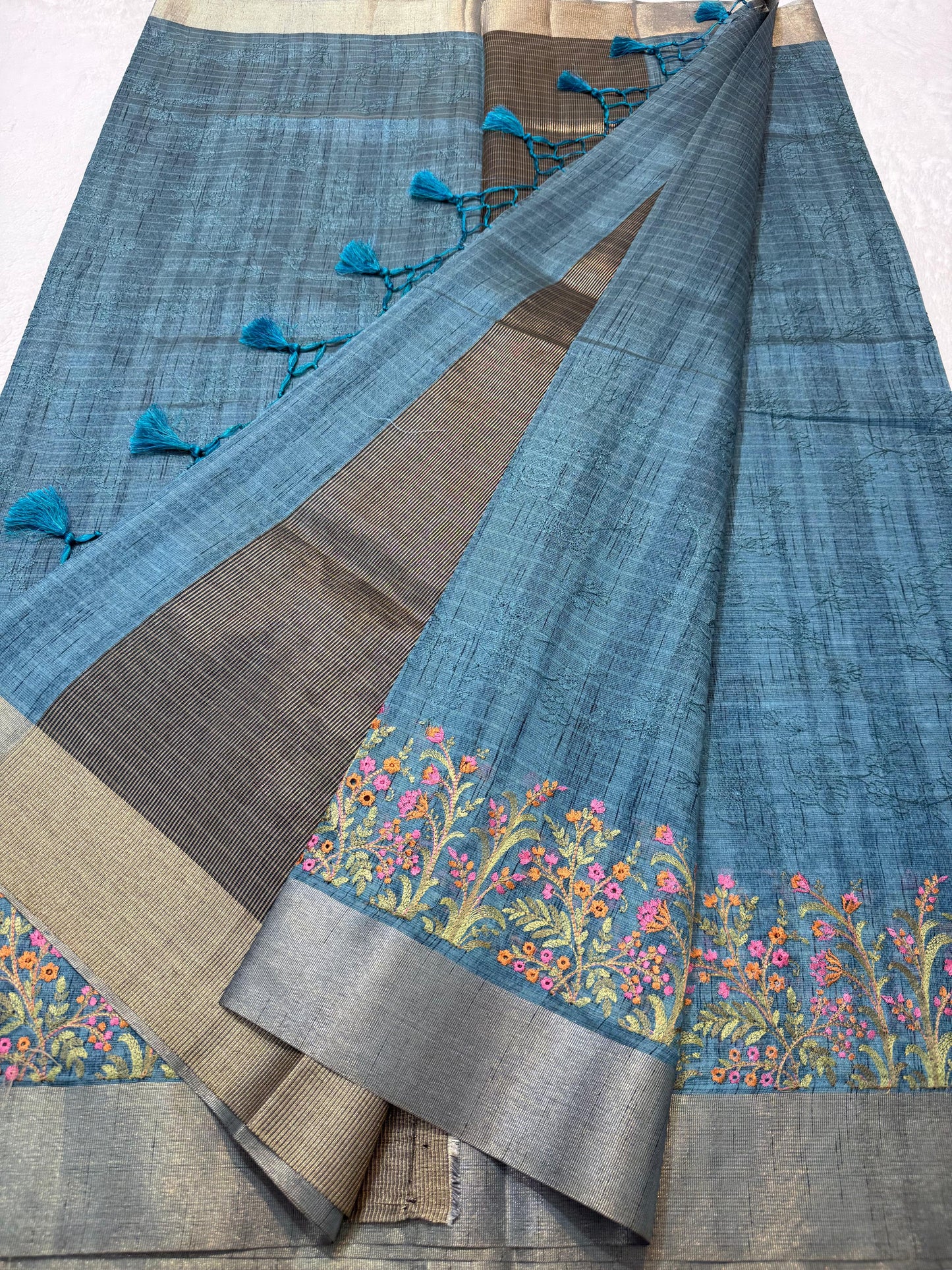 Firozi Blue Shade Khadi Silk Designer Embroidery Premium Banarasi