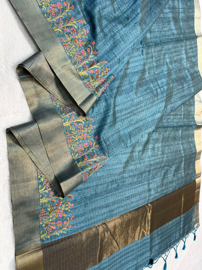 Firozi Blue Shade Khadi Silk Designer Embroidery Premium Banarasi