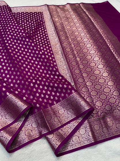 Deep Purple Shade Georgette Silk Premium Banarasi Saree