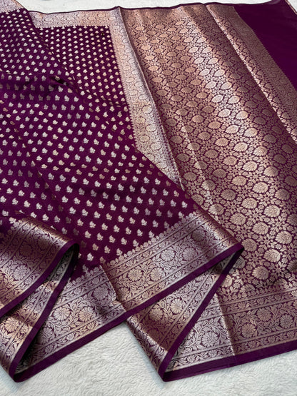 Jamuni Wine Shade Georgette Silk Premium Banarasi Saree