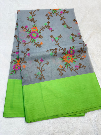 Gray & Green Shade Kora Organza Embroidery Banarasi Saree