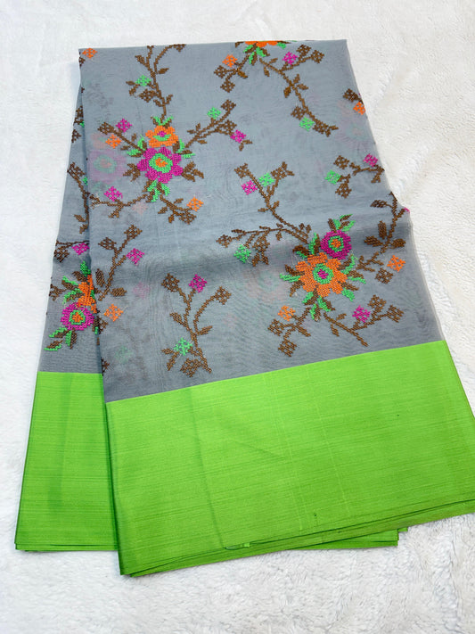 Gray & Green Shade Kora Organza Embroidery Banarasi Saree