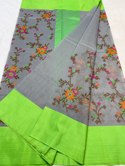 Gray & Green Shade Kora Organza Embroidery Banarasi Saree