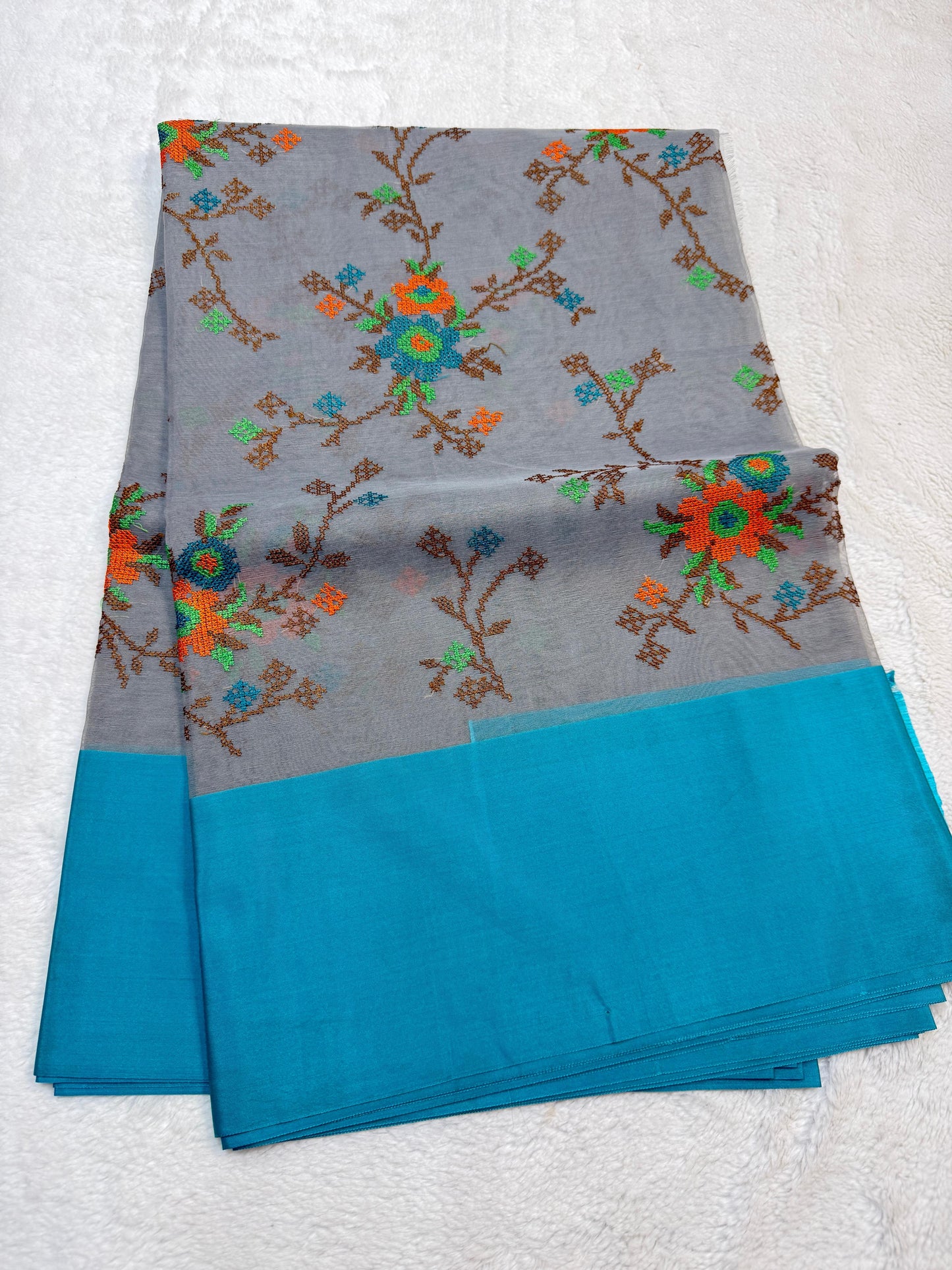 Gray & Blue Shade Kora Organza Embroidery Banarasi Saree