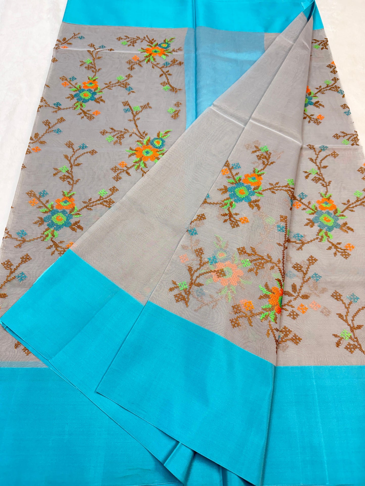 Gray & Blue Shade Kora Organza Embroidery Banarasi Saree