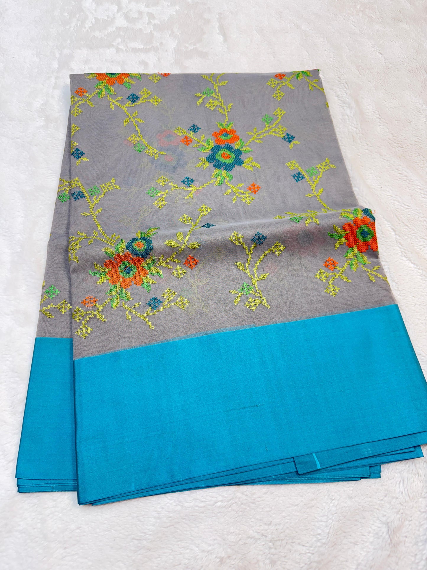 Gray & Blue Shade Kora Organza Embroidery Banarasi Saree