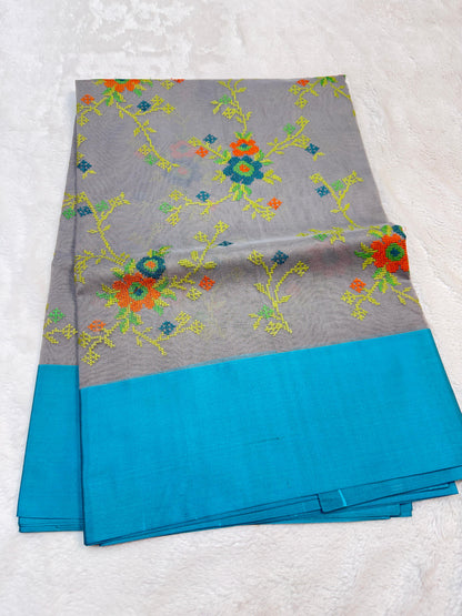 Gray & Blue Shade Kora Organza Embroidery Banarasi Saree