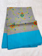 Gray & Blue Shade Kora Organza Embroidery Banarasi Saree