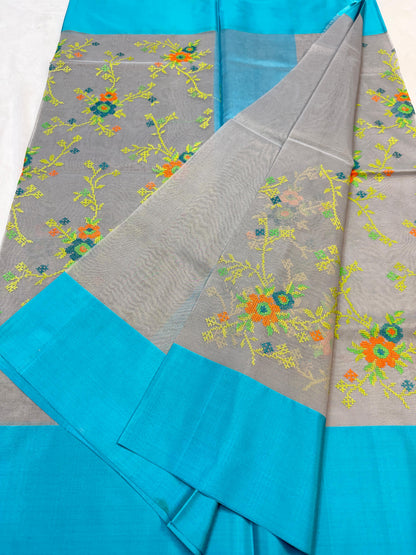 Gray & Blue Shade Kora Organza Embroidery Banarasi Saree