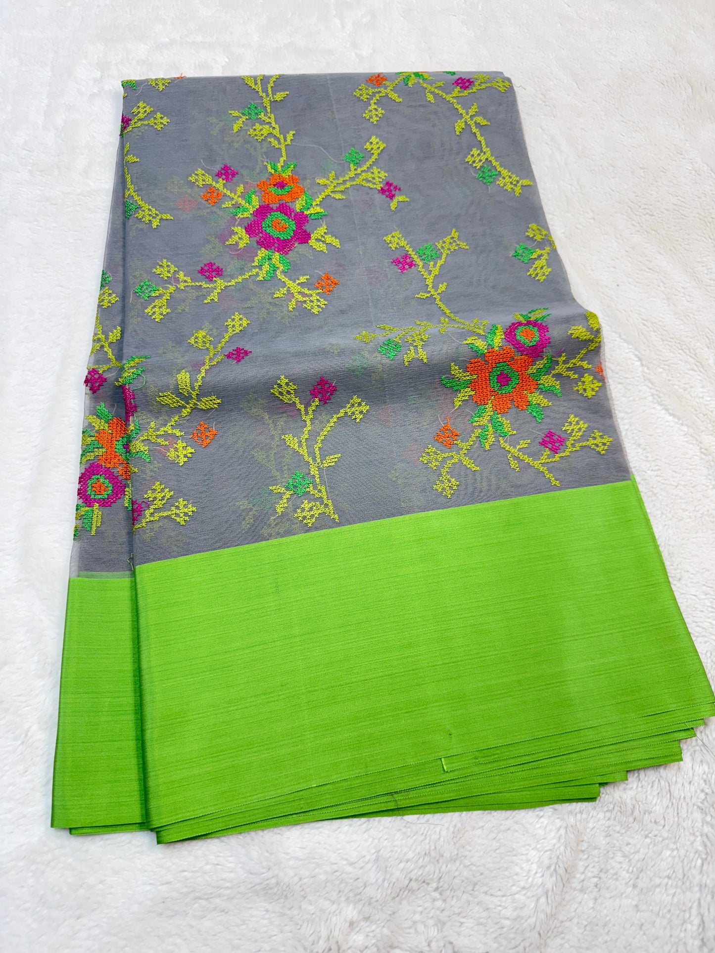 Gray & Green Shade Kora Organza Embroidery Banarasi Saree