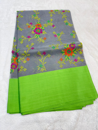 Gray & Green Shade Kora Organza Embroidery Banarasi Saree